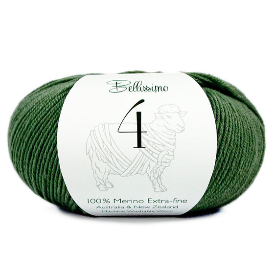Bellissimo 4 ply extra-fine merino wool in dark grass green.